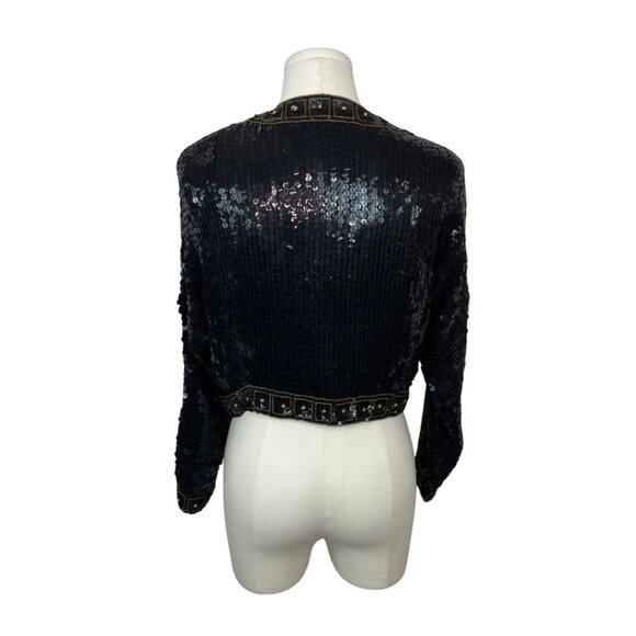 Vintage 80s Black Sequin Bolero Jacket With Gold Trim & Long Sleeves Sz XS/S - Picture 3 of 6